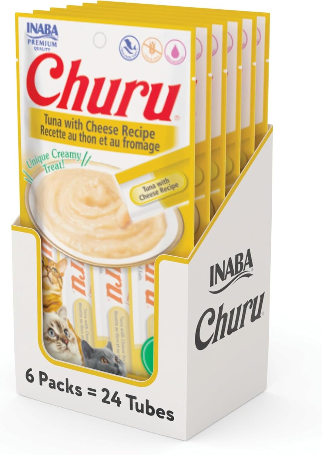 INABA Churu Cat Treats, Grain-Free, Lickable, Squeezable Creamy Purée Cat Treat/Topper with Vitamin E Taurine, 0.5 Ounces Each Tube, 40 Tubes, Tuna Variety Box